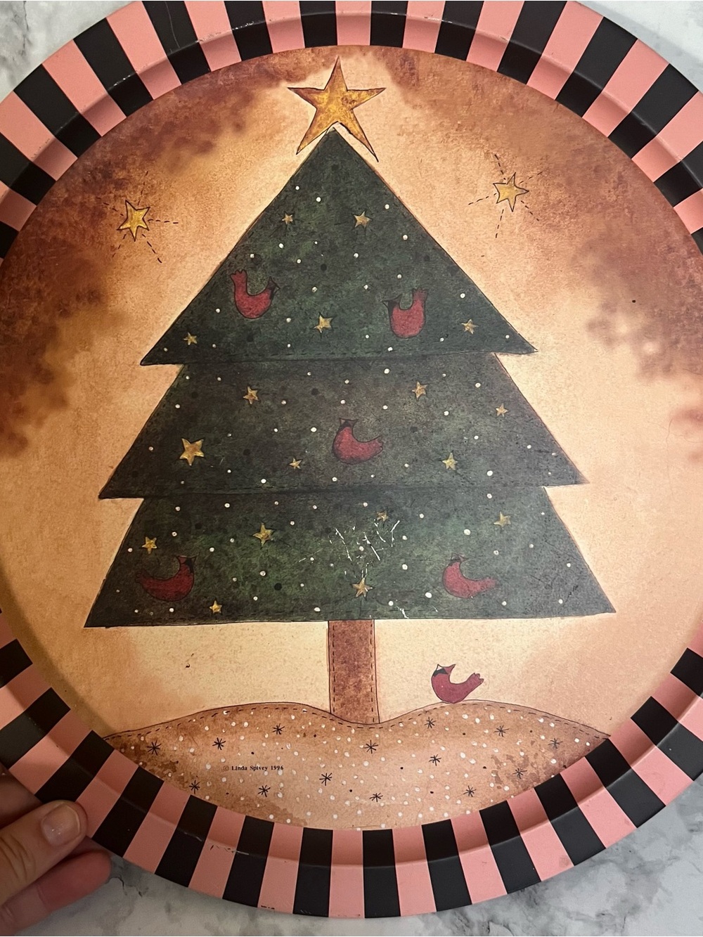 Vintage Linda Spivey 1996 Christmas Tree Tin Tray | Primitive Cardinal